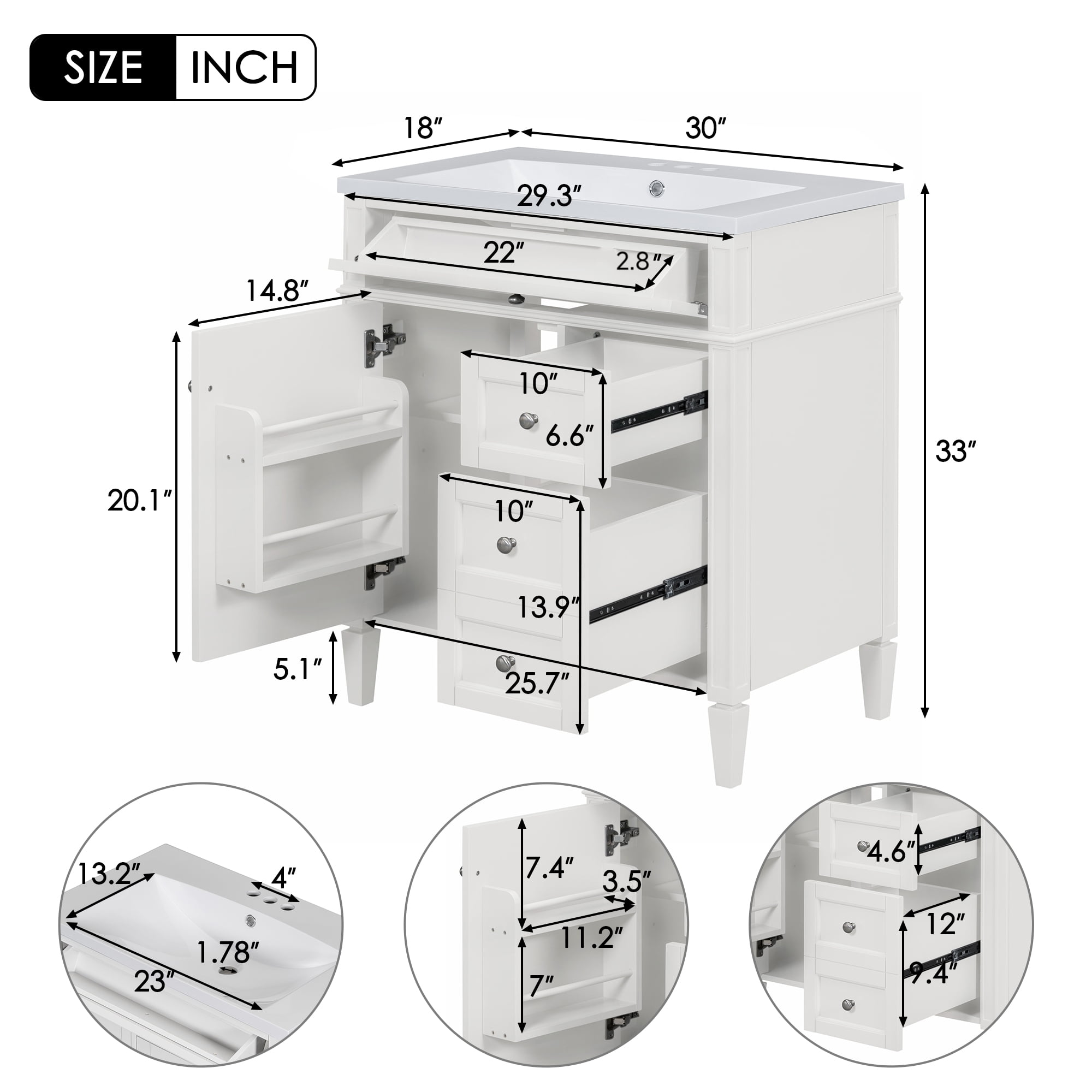 Euroco 30'' Bathroom Vanity with Top Sink, Modern Bathroom Storage Cabinet with 2 Drawers and a Tip-out Drawer, Single Sink Bathroom Vanity (Same as SW000122AAK-1)