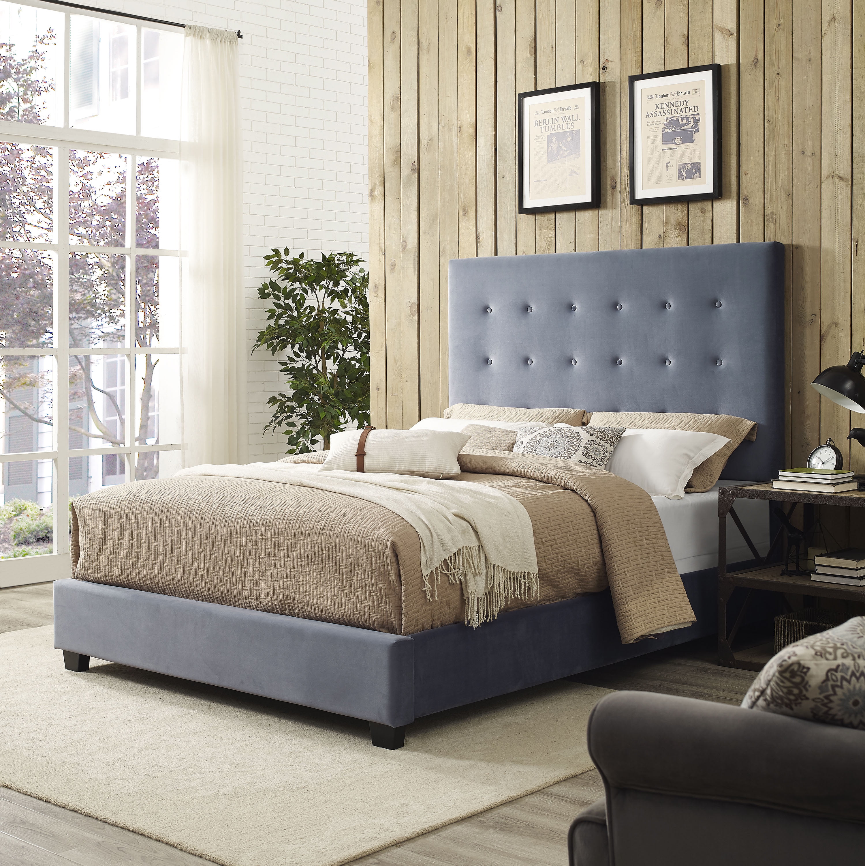 Reston Square Upholstered King Bed In Cornflower Microfiber Reston Square Upholstered King Bed In Cornflower Microfiber Com