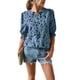 thumbnail image 1 of Blusa de cuello redondo con estampado floral azul, mangas abullonadas y puños fruncidos: blusa informal para mujer para citas, 1 of 8