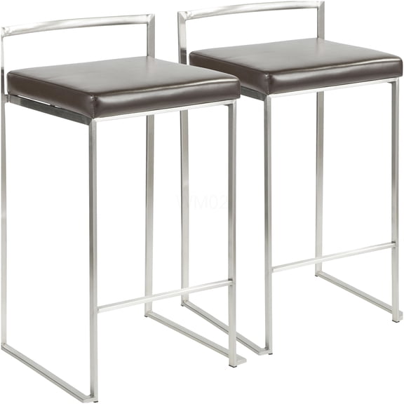 LumiSource Brown Faux Leather Counter Stools, Set of 2 Stackable Bar Stools with Padded Seat