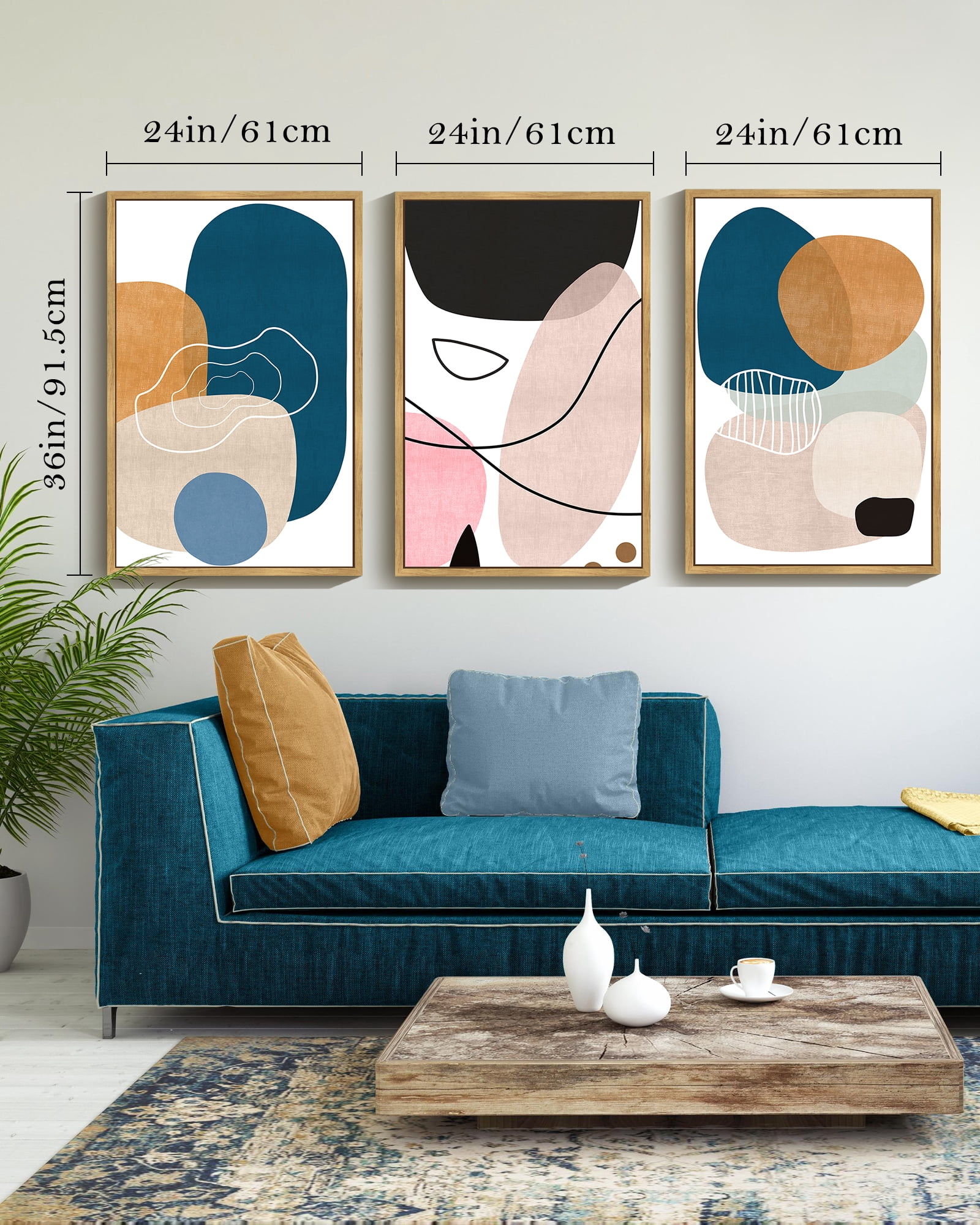 Drsoum Modern Abstract Wall Art 24x36in3pcs Large Natural Framed Color Blocks Artwork Home Decor for Living Room Bedroom