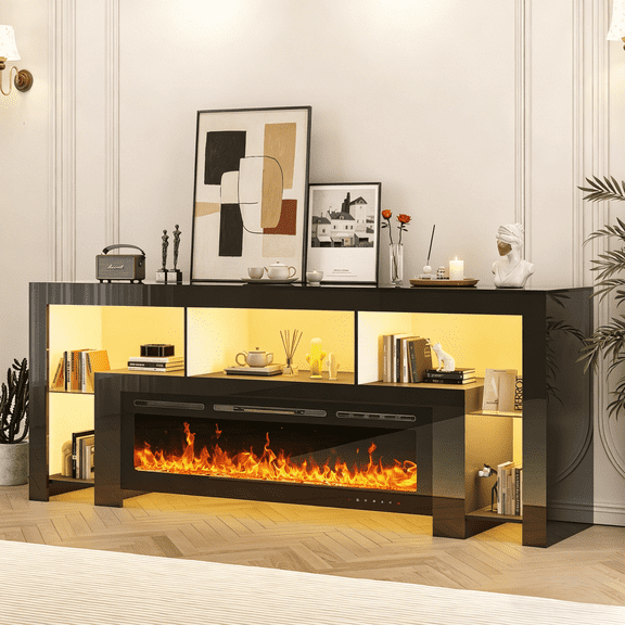High Gloss Fireplace TV Stand for 100 Inch TVs, with 50" Electric Fireplace, LED Lights, TV Console Table, Black