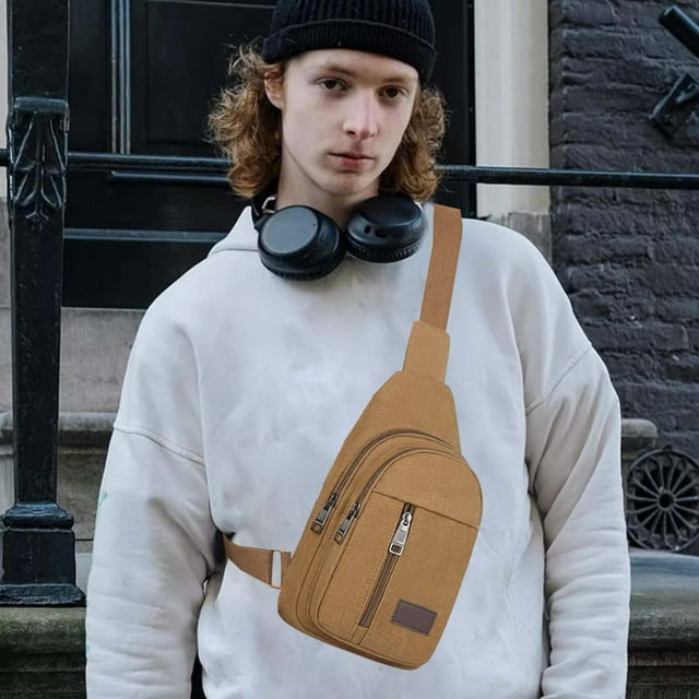Sac à Bandoulière en Toile Épaisse pour Hommes et Femmes - 11.81x6.69x1.97 Po Grande Capacité Sac à Dos de Randonnée avec Sangle Réglable et Multiples Poches - Café Akmoler / Toile, Café