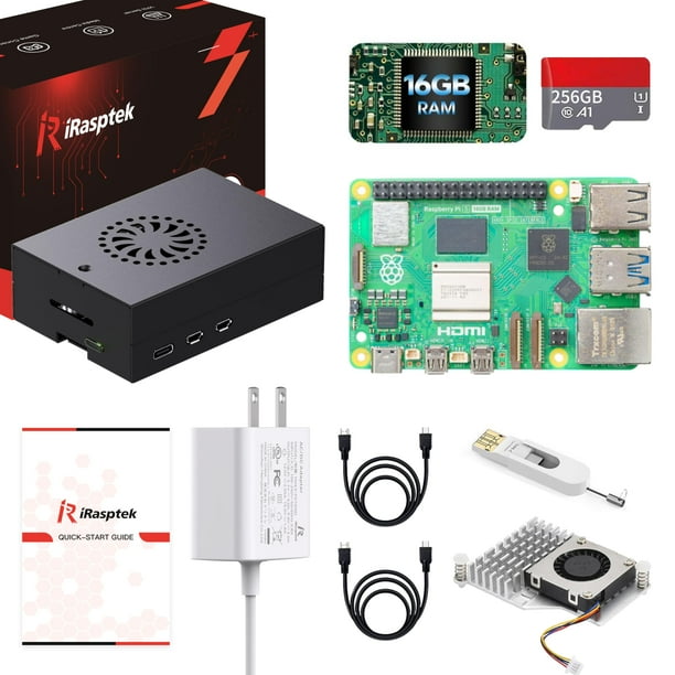Kit de inicio iRASPtek para Raspberry Pi 5 de 16 GB de RAM con sistema operativo de 256 GB
