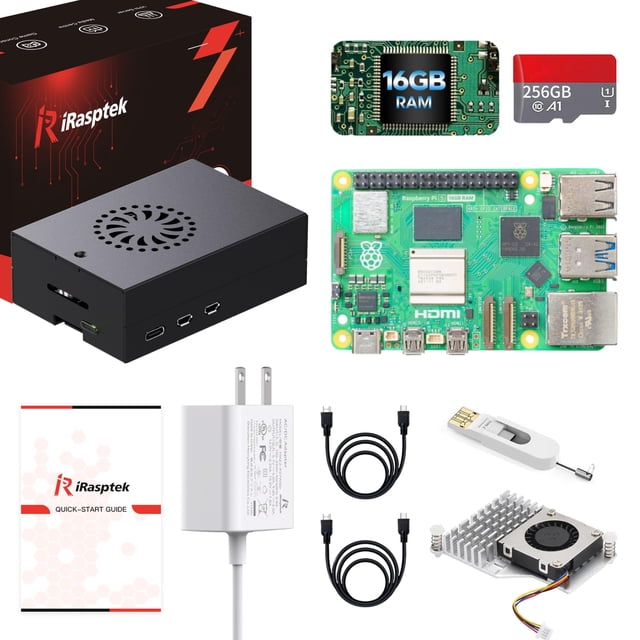 Kit de inicio iRASPtek para Raspberry Pi 5 de 16 GB de RAM con sistema operativo de 256 GB