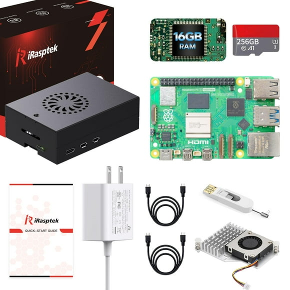 Kit de inicio iRASPtek para Raspberry Pi 5 de 16 GB de RAM con sistema operativo de 256 GB