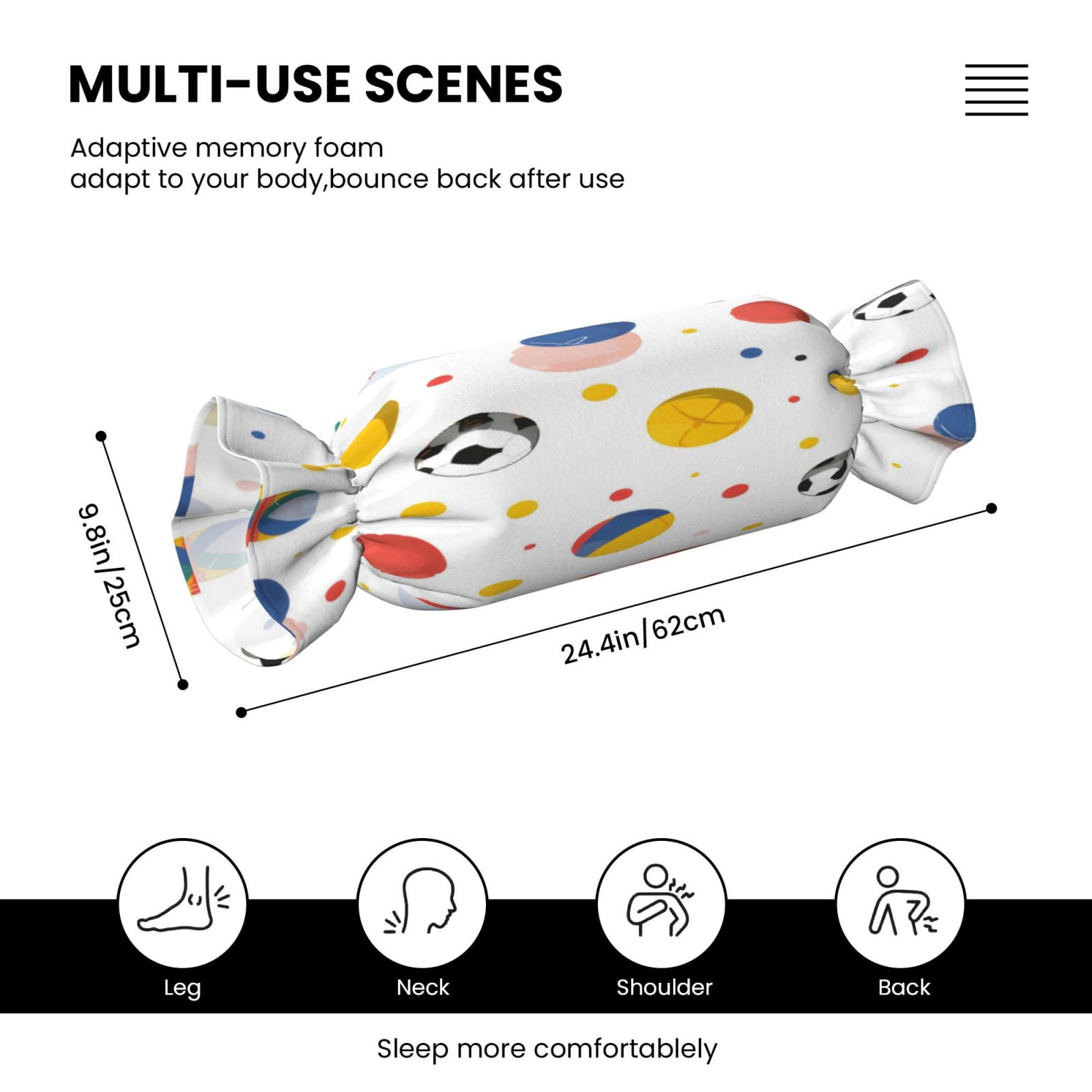 Candy Throw Pillow Travel Cervical Pillow Cylindrical Neck Body Cushion With Insert For Bed Couch Home Decor 9.8x24.4in Geometric Sports Balls Bright Multicolor