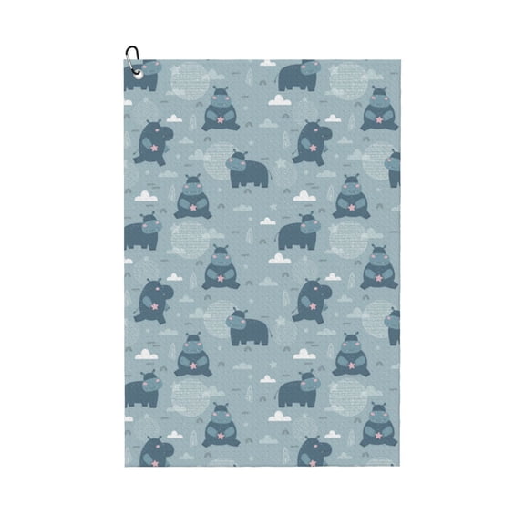 Logiee Cute Hippopotamus Print Golf Towels,16" x 24" Portable Golf Towel for Golf Bag with Carabiner Clip to Quickly Remove Sand,Mud and Sweat