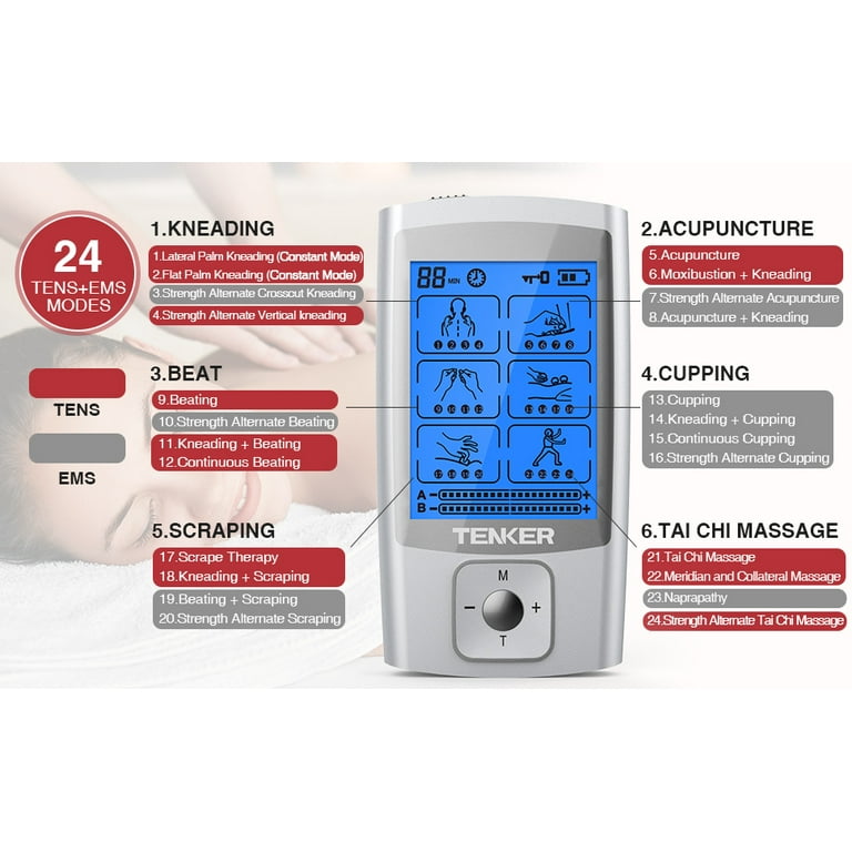 TENKER EMS TENS Unit Muscle Stimulator 24 Modes Dual Channel Electronic  Pulse Massager for Pain Relief/Management 