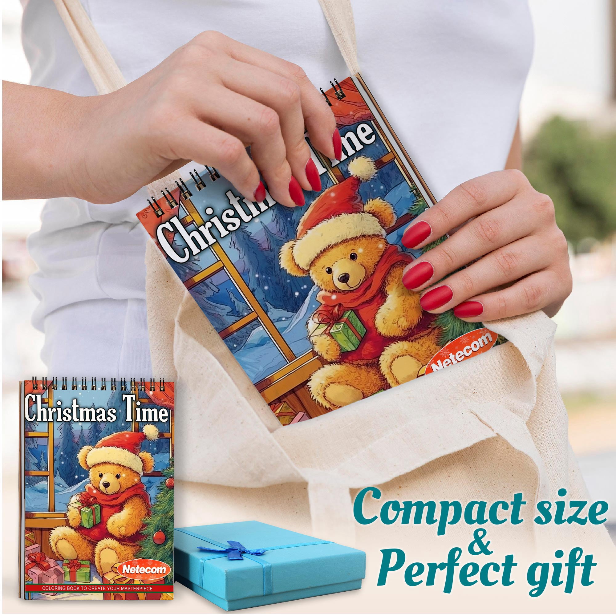 Netecom Christmas Time Coloring Book Spiral Bound For Adults, A5 Wooden Cover, 30 Magical Coloring Pages of Winter Festivities for Stress Relief and Relaxation