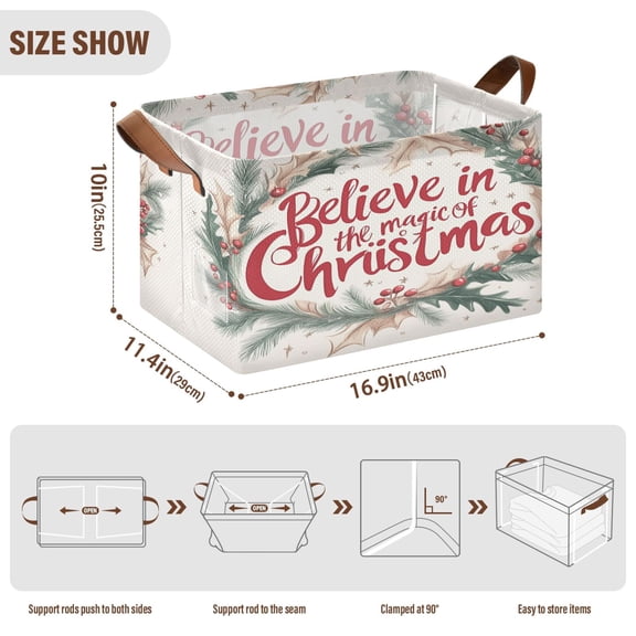 BZSMCE Collapsible Fabric Cube Storage Bins Design Red Merry Christmas Elegant Wreath Design Pattern Storage Box