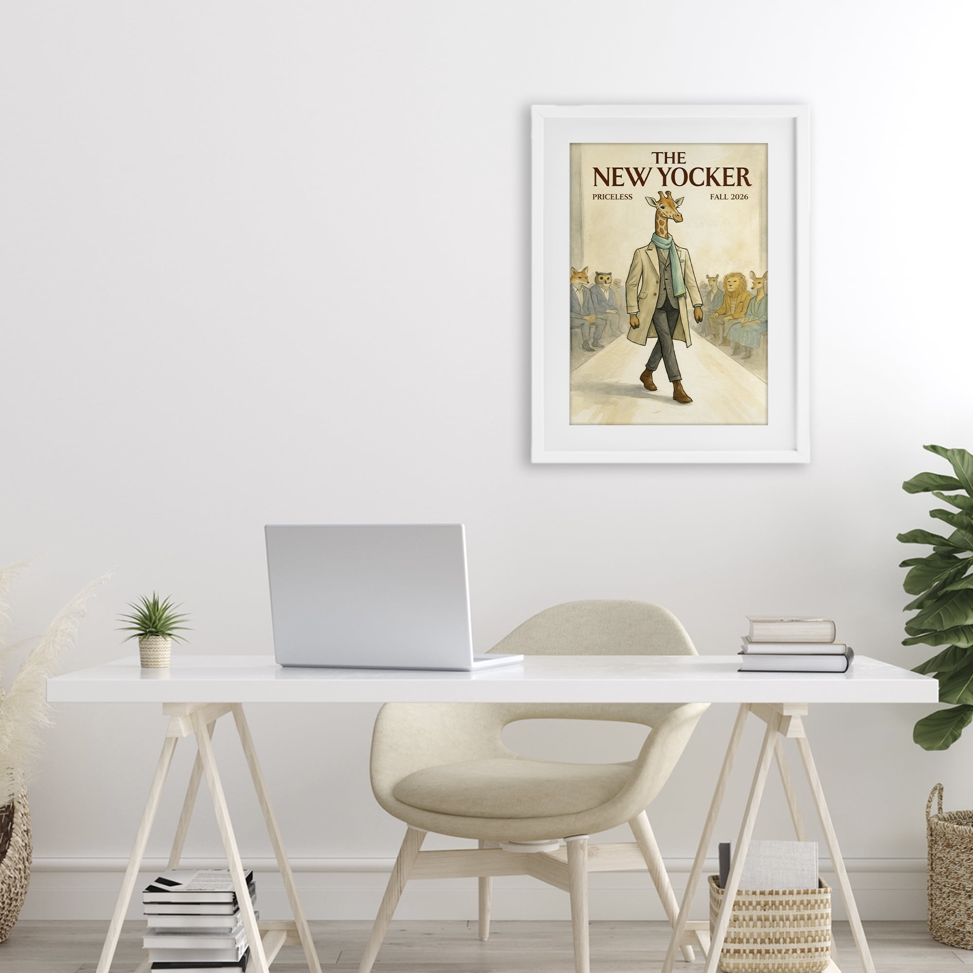 Stupell Industries New Yocker Giraffe Model White Framed Print Under Glass, design by Grotto Studios
