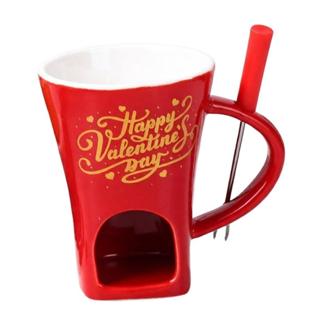 Taza de fondue de chocolate para San Valentín con tenedor de cerámica portátil creativa dulce Letra roja