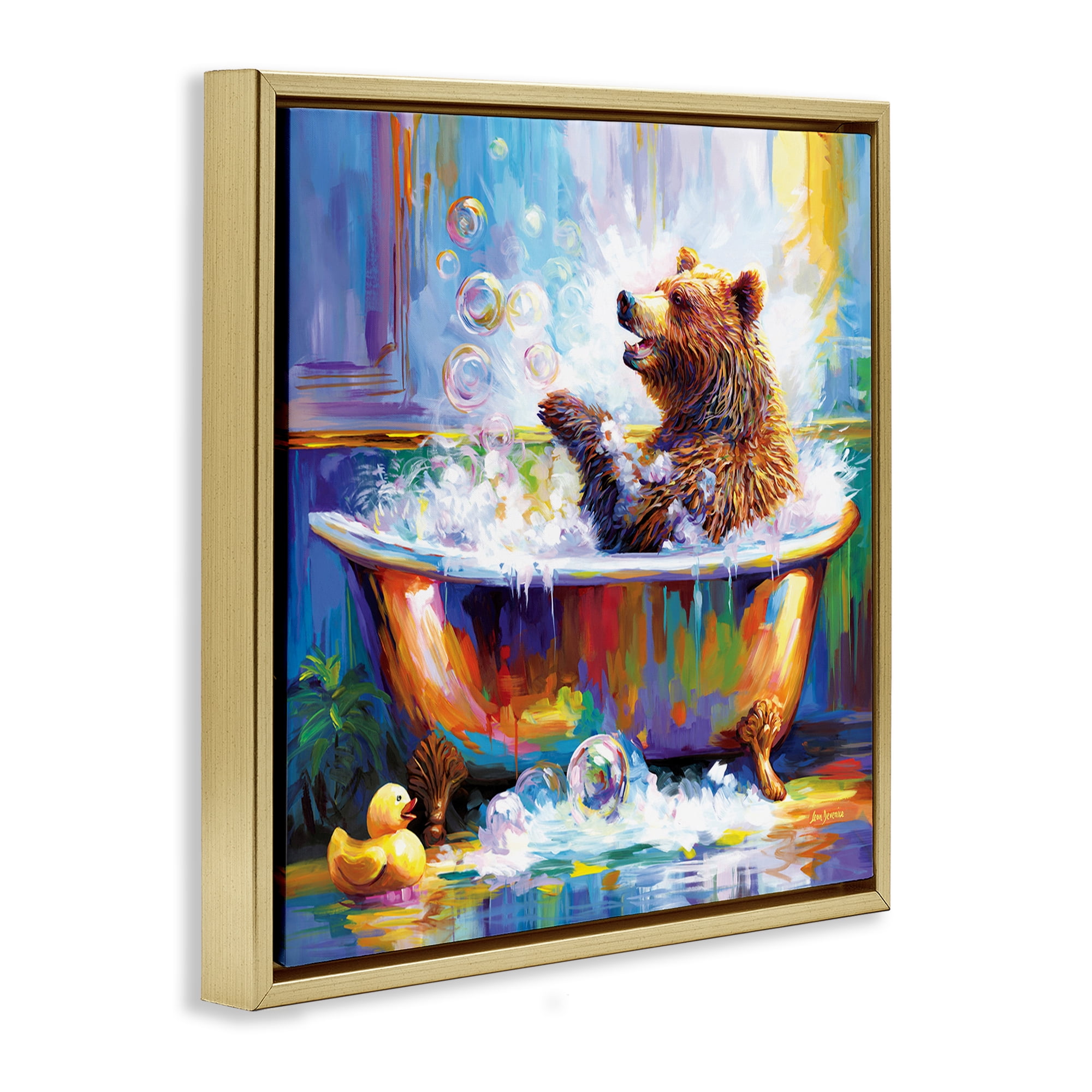 Stupell Industries Happy Bear in Bathtub Bath & Laundry Painting Gold Floater Framed Canvas Art Print Wall Art, 25 x 25