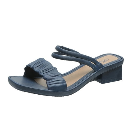 

BSDHBS Woman Sandals Ladies Fashion Summer Versatile Solid Color Leather Open Toe Thick Heel Sandals Blue Size 37