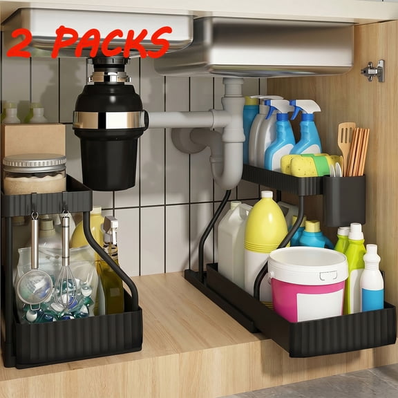 Merzark 2-Tier L-Shaped Pull Out Under Sink Storage Shelves, Matte Black, 2-Pack