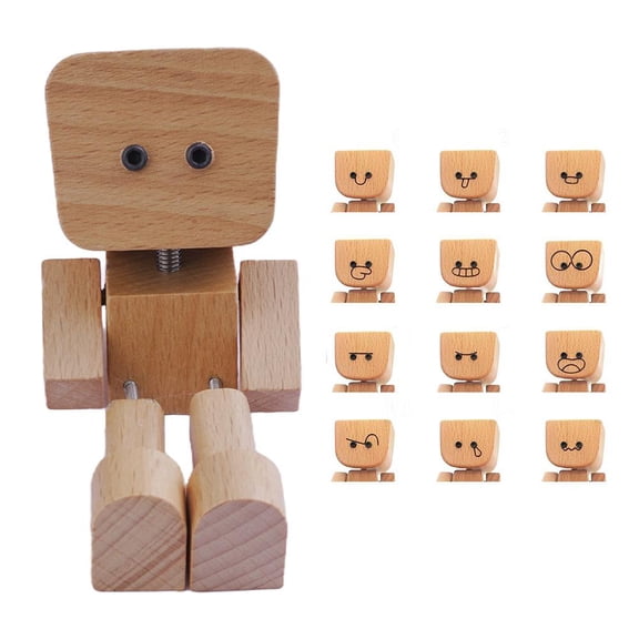 Shaking Wooden Man Figurine with Magnetic Changeable Faces, Handmade Wooden Gift Decor for Office Desk, Home and Car Dashboard