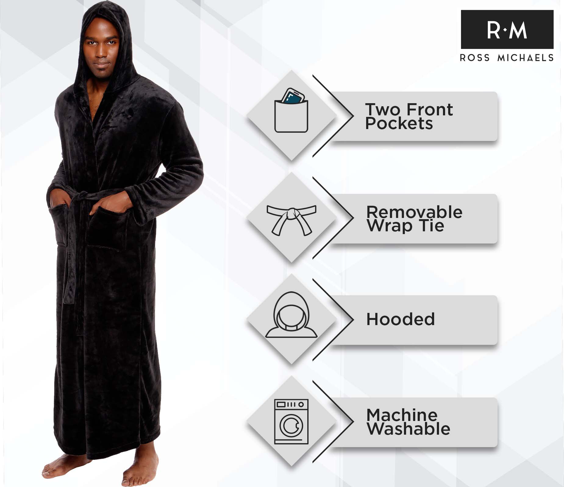 Ross Michaels Mens Robe with Hood Plush Shawl Collar Fleece Bathrobe Mid Length 