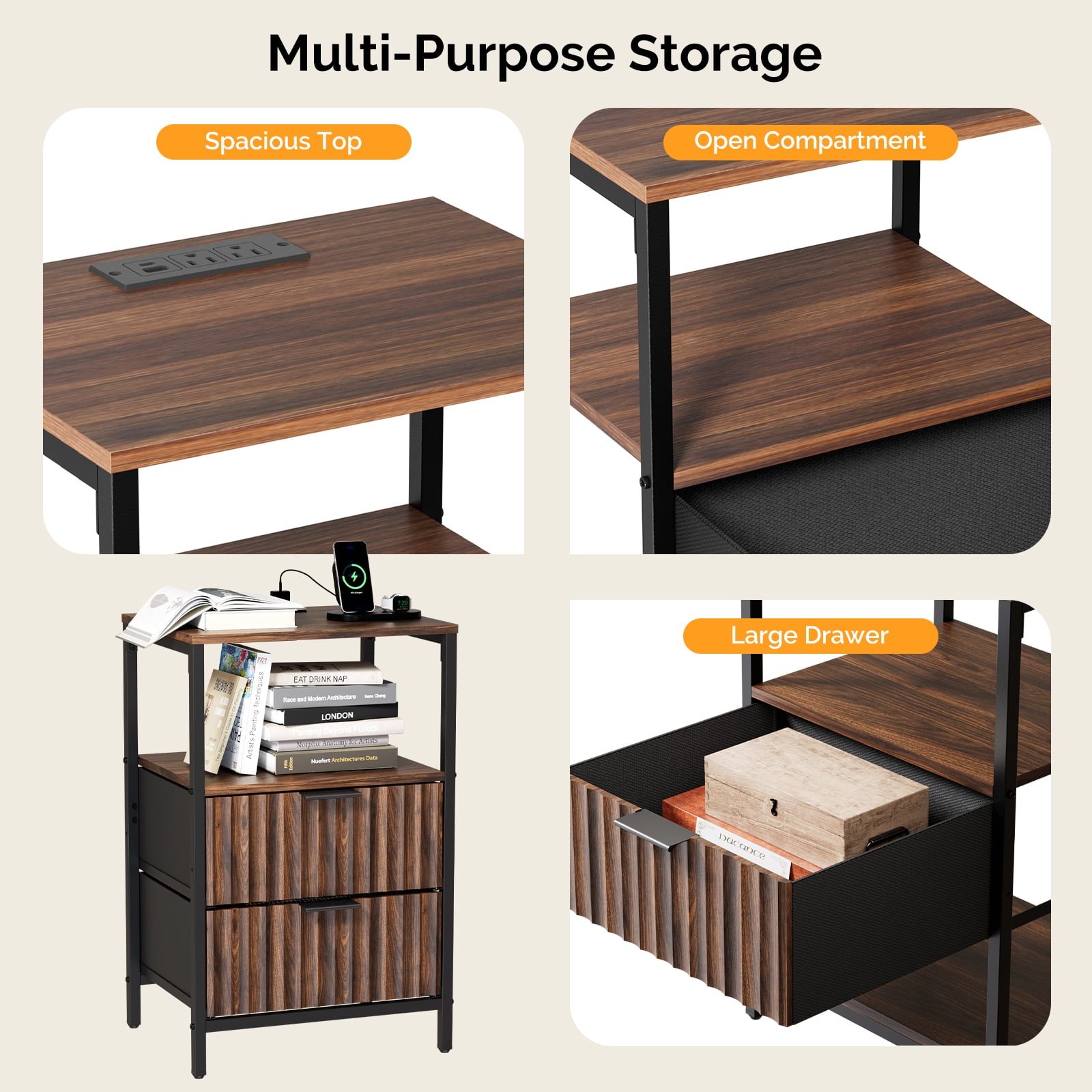 Ktaxon Nightstand with Charging Station End Table with 2 Fabric Drawers Bedside Table Furniture for Bedroom, Living Room,Fluted Brown Wave Design