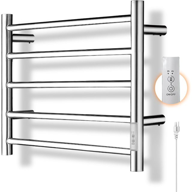 Chauffe-serviettes Chauffant, Porte-Serviettes Électrique 5 Bars avec Minuterie Intégrée, Porte-Serviettes en Acier Inoxydable pour Salle de Bain Hôtel Gym RV Spa, Chauffage Rapide, à Brancher (Chrome)