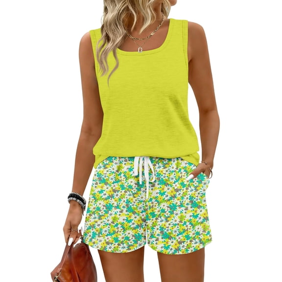 BOMYJESK Summer Sets Casual Sleeveless Tank Top Lightweight Matching Floral Print Lounge Short Sets Cute Plus Size High Waisted Travel Outfits with Pockets Fluorescent Green XXXL
