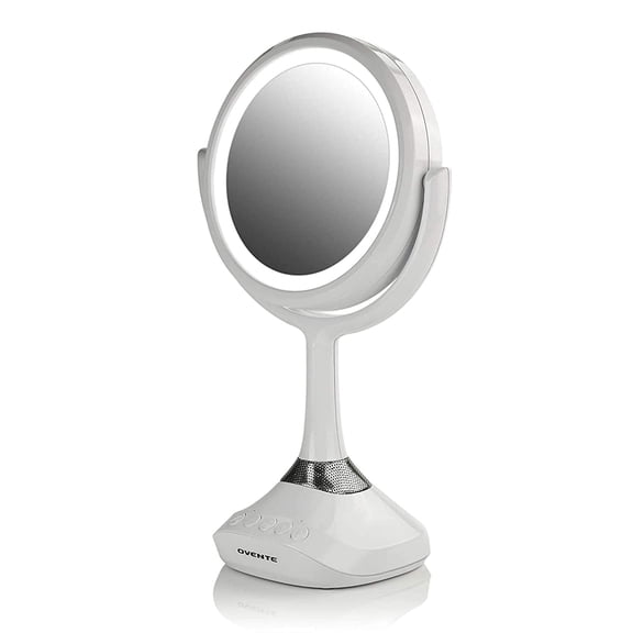 OVENTE Lighted Vanity Mirror, Table Top, 360 Degree Spinning 6'' Double Sided Circle LED 1X 5X Magnifier with MP3 Audio, Wireless Speaker, Rechargeable, USB Operated, White, MRT06W1X5X