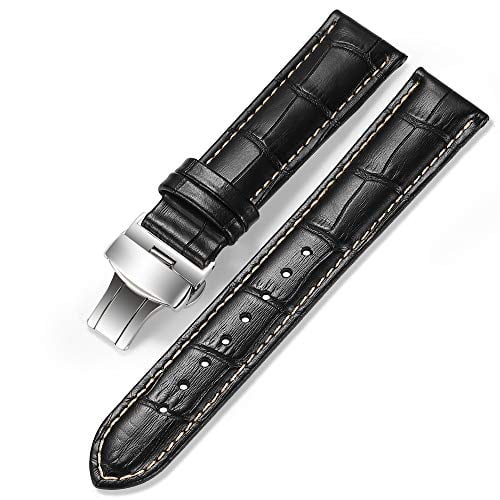 iStrap Leather Watch Band -Alligator Grain Embossed Pattern Calfskin Replacement Strap-Stainless Steel Deployment Buckle with Push Buttons-Bracelet for Men Women-18mm 19mm 20mm 21mm 22mm 24mm