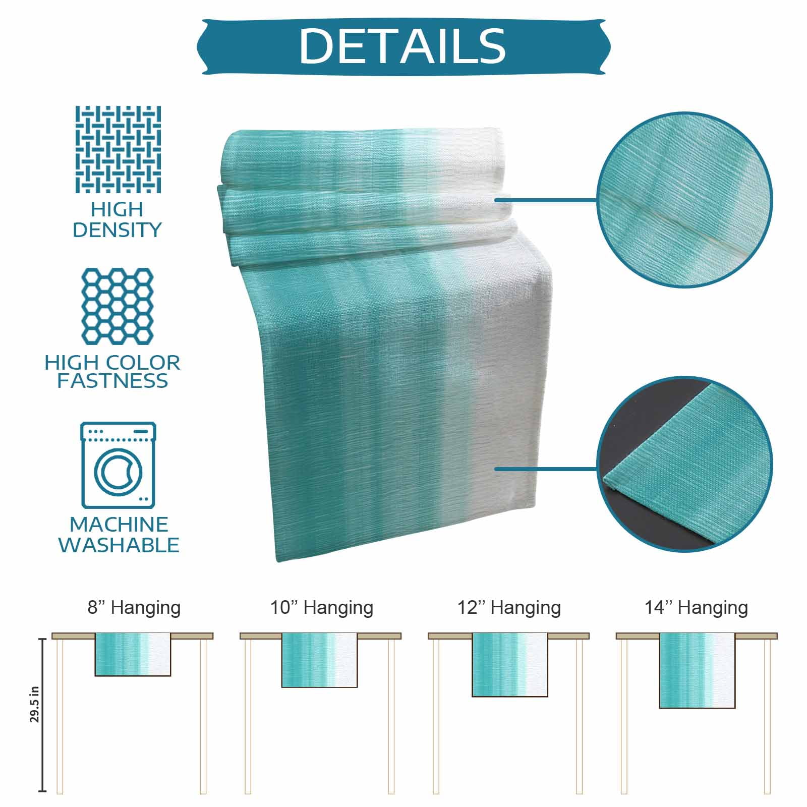Aqua White Ombre Table Runner, Chic Modern Funny Abstract Striped Art Washable Cotton Linen Table Runners 48 Inches Long, Dresser Scarf Runner for Nightstand/Coffee/End Tables 13''x48''