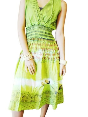 Mogul Women Midi dress, Green summer dress, Cotton Printed dresses, Sleeveless House Dresses SM