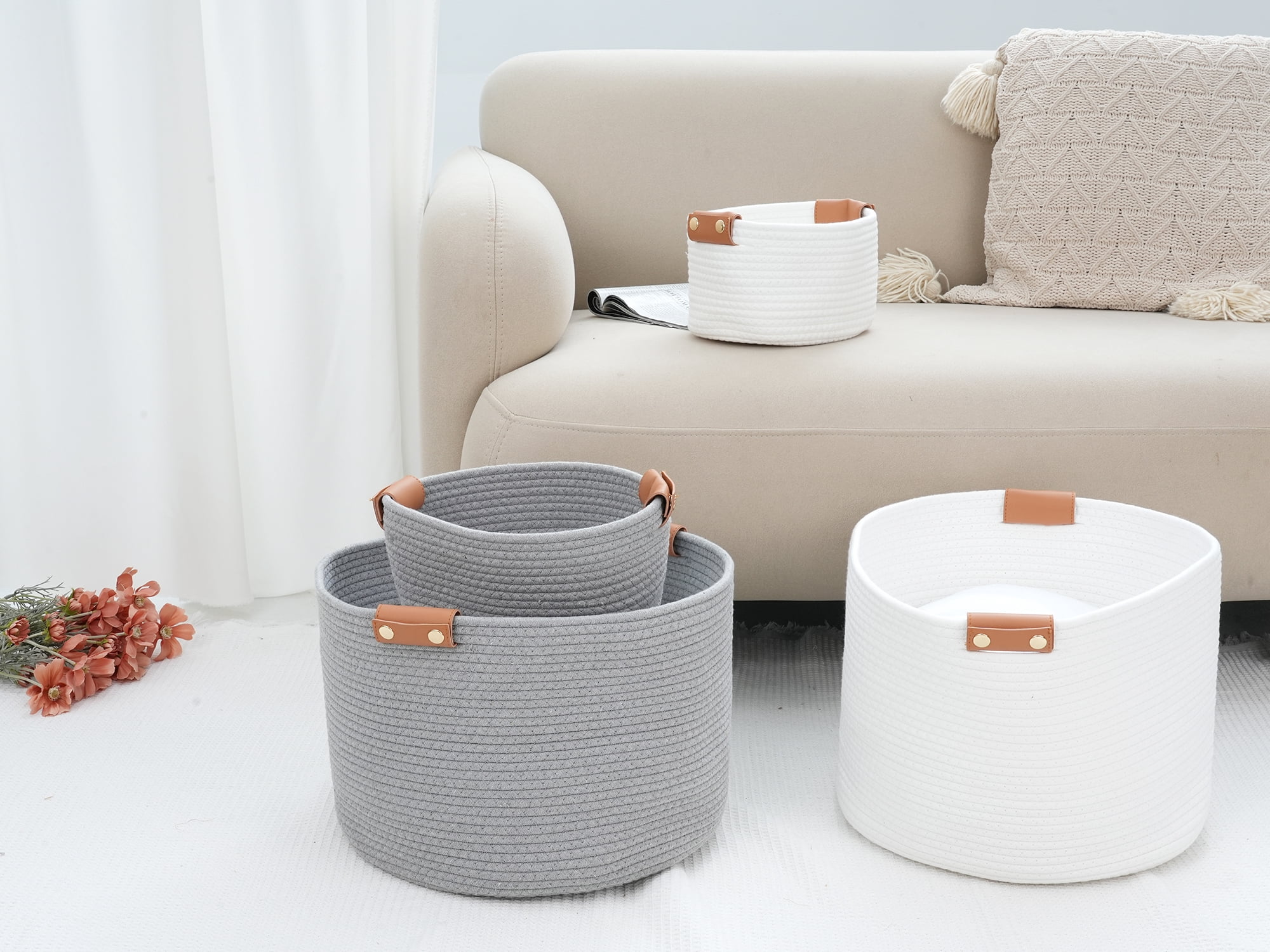 Unique Bargains 1 PC Woven Storage Basket Shelf Closet Storage Bin for Home Decor White L