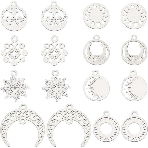1 Box 16Pcs 8 Styles Moon and Star Charms Stainless Steel Hollow Magic Mushroom Sun Silver Tarot Pendants for Jewelry Making Charms Supplies DIY Crafting Necklace Bracelets