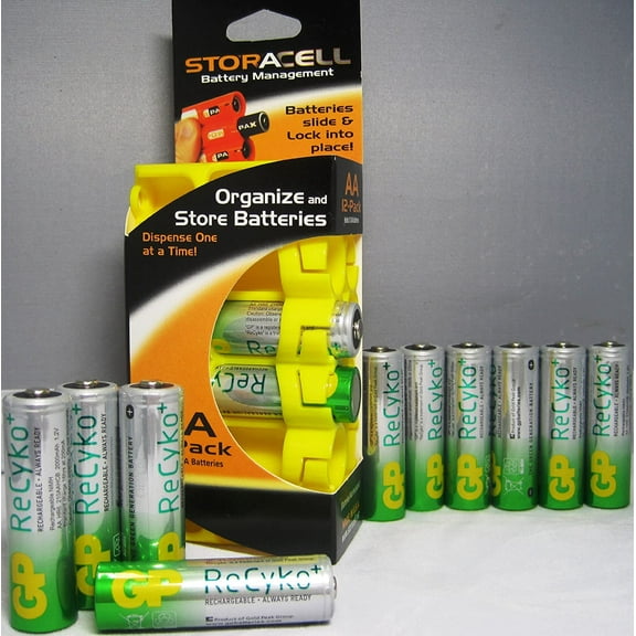 12 Pcs GP Recyko New AA Ni-MH Pre-Charged Rechargeable Battery 2000 mAh with Powerpax AA 12 Pack Battery Caddy,Holds 12 AA Batteries