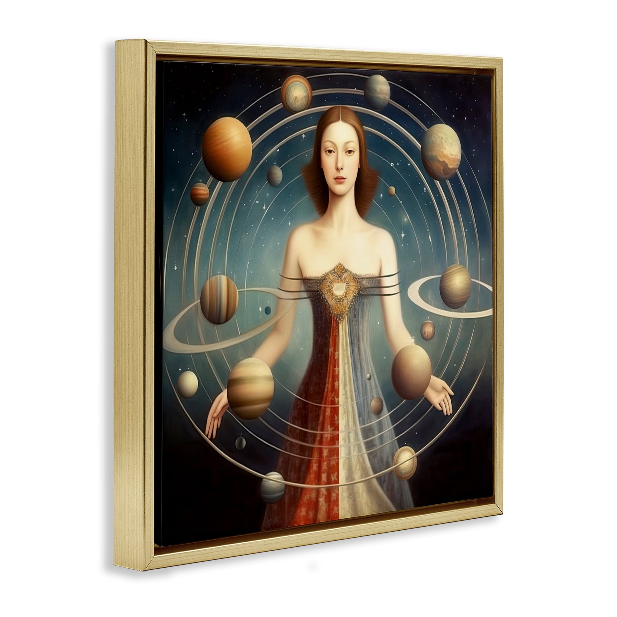 Galactic Orbits Woman Gold Framed Floater Canvas Wall Art, design by Sasha