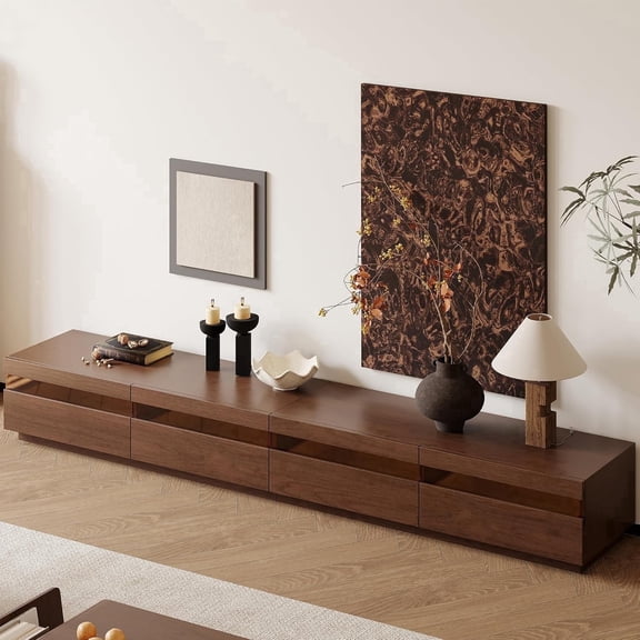 FHKJ HOME 94.5" Mid-Century Modern Wood TV Stand for 75  Inch TVs, Floor Media Console with 4 Drawers, Brown