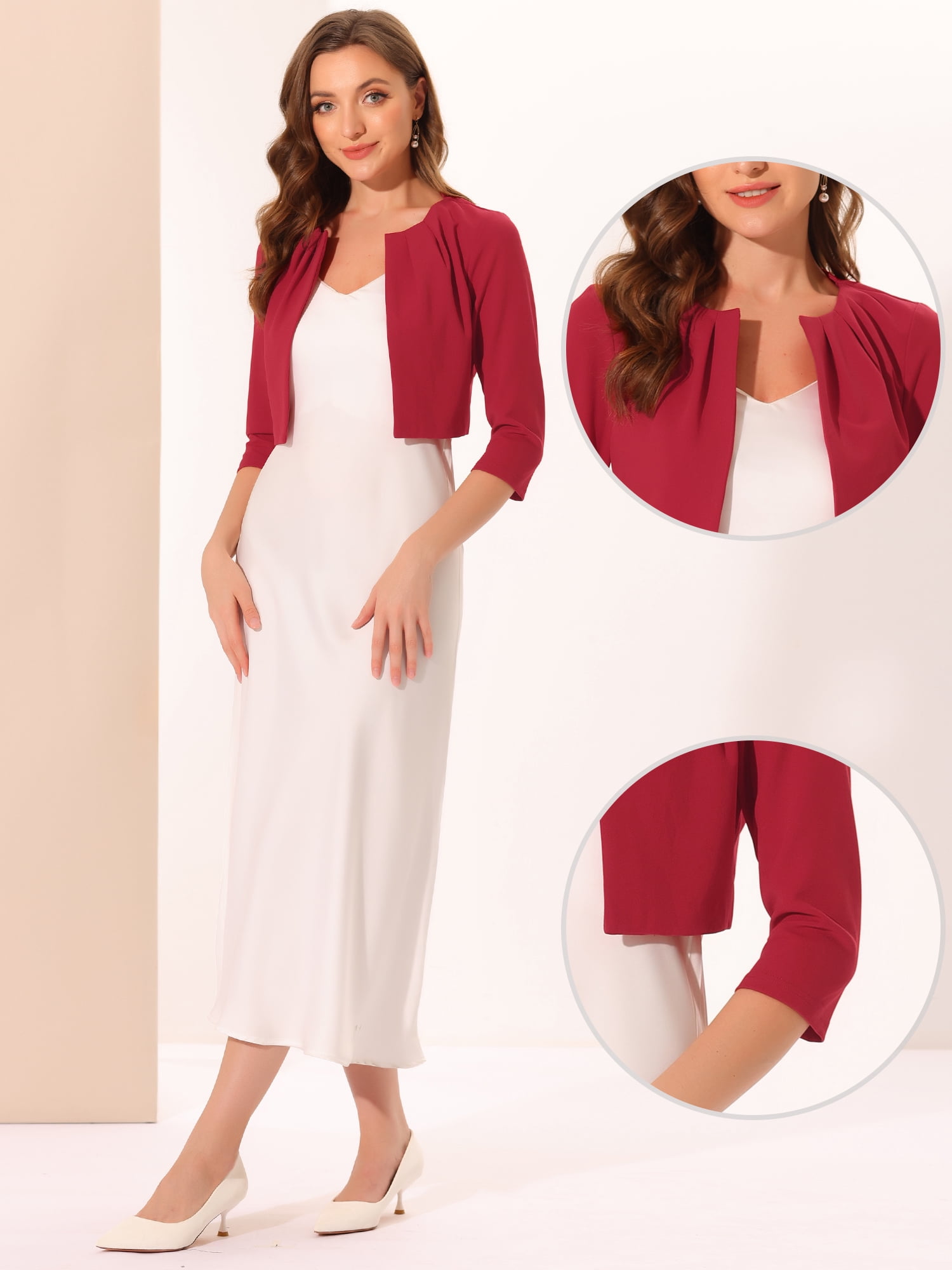 DARING DIVA Women's 3/4 Sleeve Shrug Top Collarless Pleated Open Front Cropped Cardigan L Red