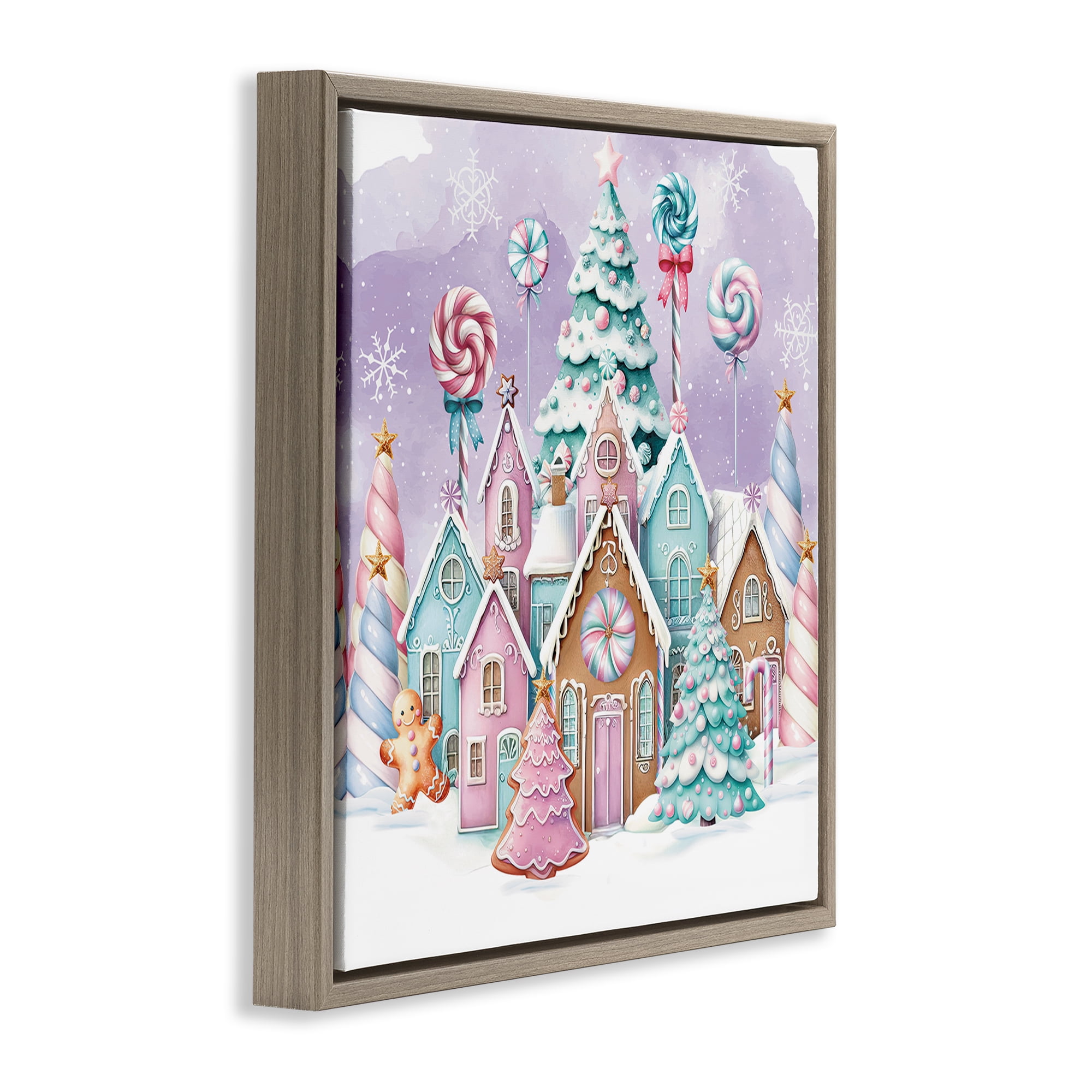 Stupell Industries Gingerbread Candy Town Holiday Painting Brown Floater Framed Canvas Art Prints Wall Art, 25 x 25