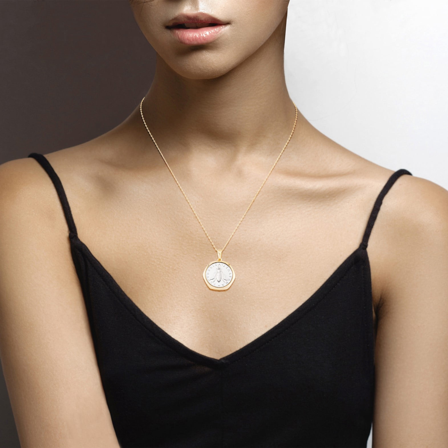 Miabella Italian 18K Gold over 925 Sterling Silver Genuine 2-Lira Bee Coin Medallion Pendant Necklace for Women 18 Inch Chain, Made in Italy