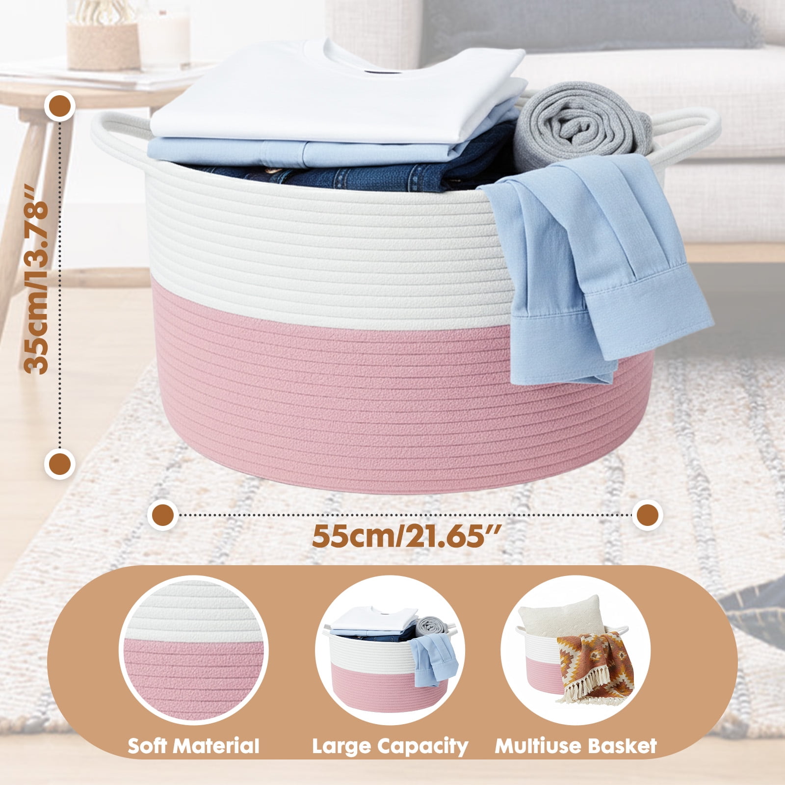 PinkSheep Laundry Basket, 80L Collapsible Woven Cotton Rope Laundry Hamper Storage Baskets with Handles, White Pink