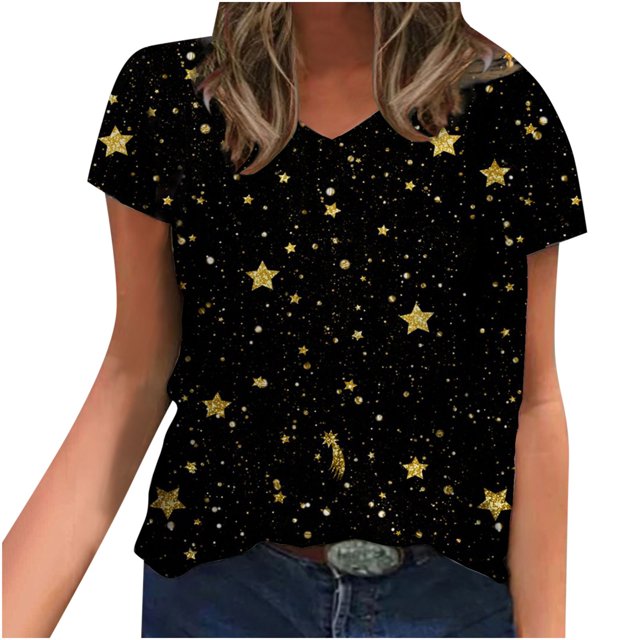 Blusa de camiseta informal con estampado de manga corta y cuello en V de verano para mujer a la moda Fridja bn5970