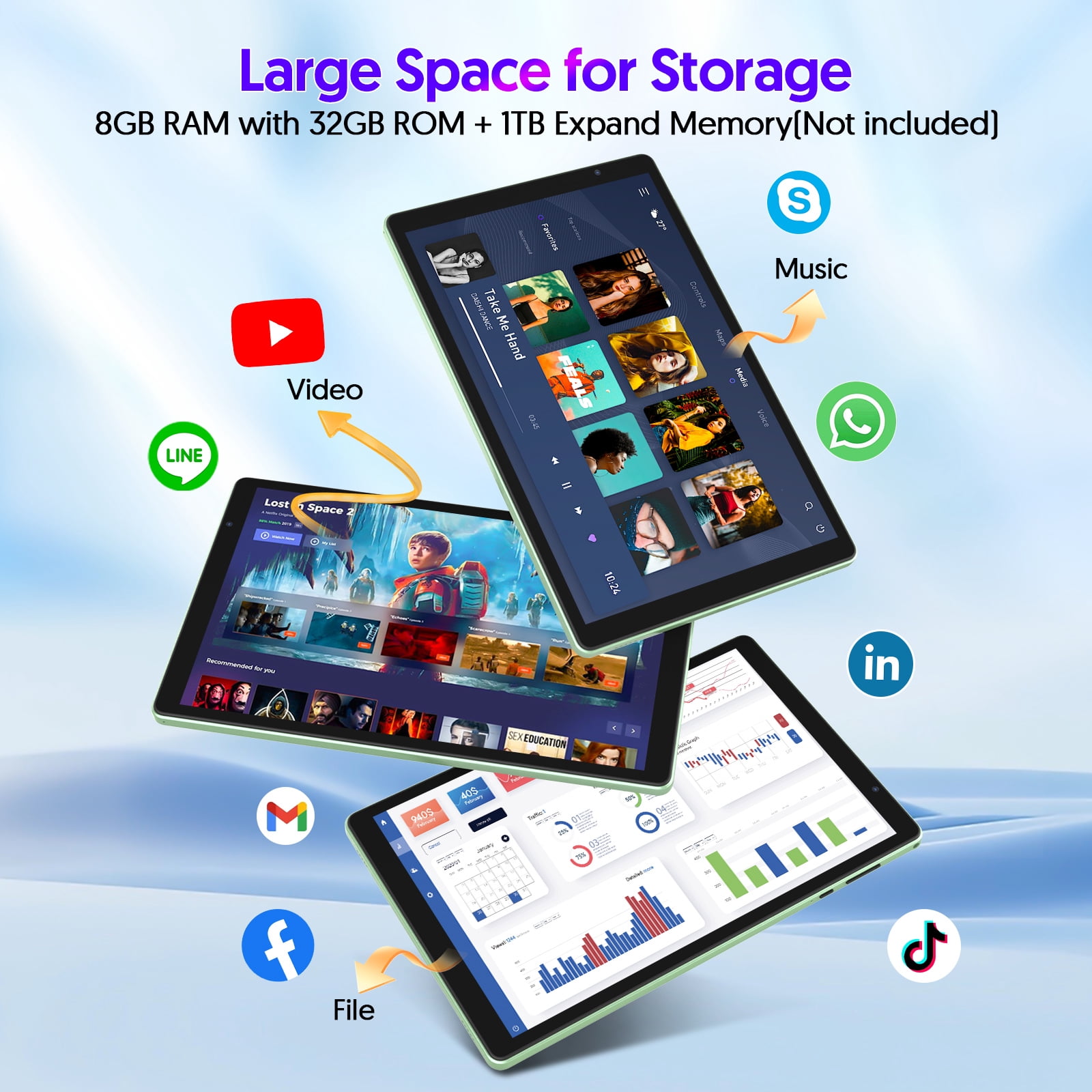 Android 16 Tablet, 10.1 inch, Five-core CPU, RAM 3GB, ROM 32GB (Up to 1TB), 800x1280 IPS, 5G WiFi 6, 2MP+2MP, 6000mAh-Green