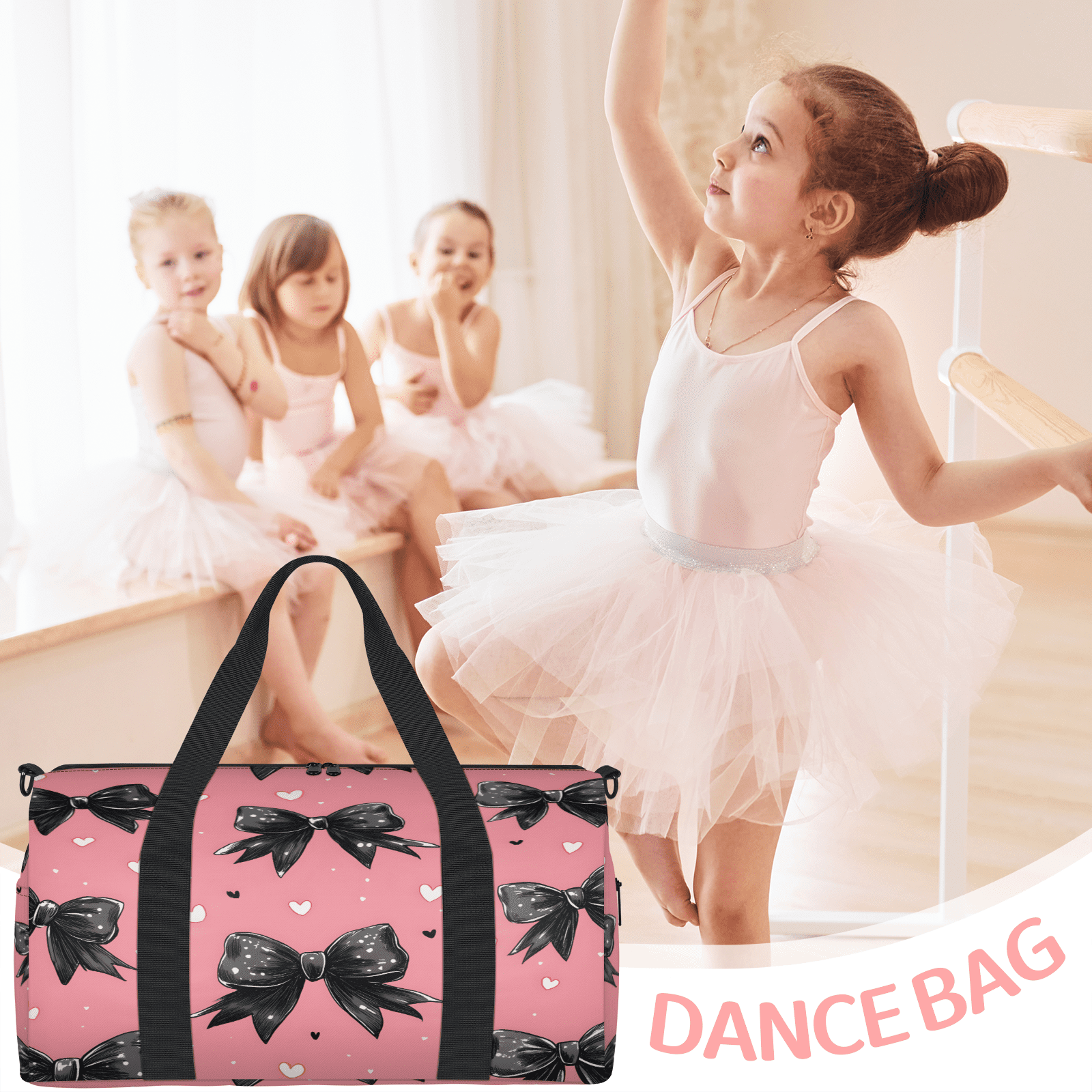 Herdesigns Black Bow Gym Bag for Women, Duffle Bag for Travel Sport, Love Heart Lightweight Waterproof Carry on Weekender Dance Yoga Workout Bags
