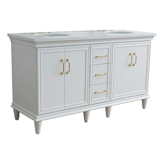 61 in. Double Wooden Vanity White White Quartz Oval Sink