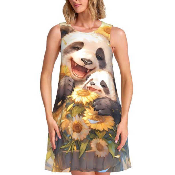 Balery Cute Panda Sunflower Vestidos de verano para mujer con estampado: vestido holgado sin mangas, vestido playero informal y cómodo para días calurosos.