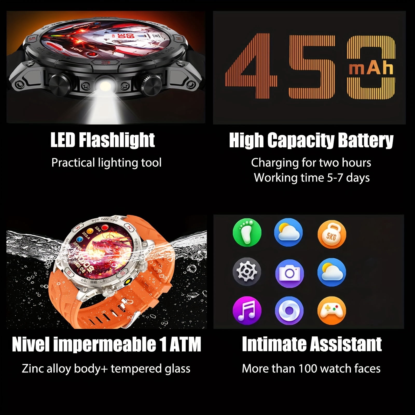 VOPOCO KC86 Smart Watches for Men, 1.43'' AMOLED Touch Screen Rugged Smartwatch with LED Flashlight Compass Altitude, 1ATM Waterproof Outdoor Sport Watch for Android iOS, 1pc, Orange
