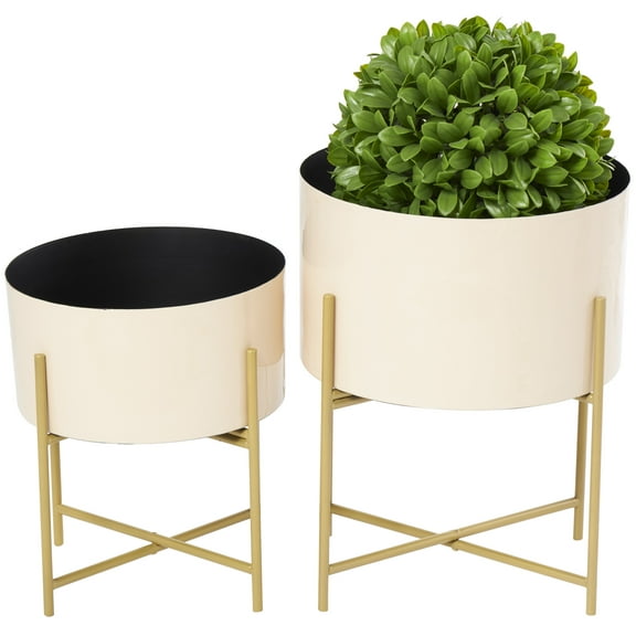 DecMode 12", 16"H Indoor Outdoor Pink Metal Planter with Removable Gold Stand (2 Count)