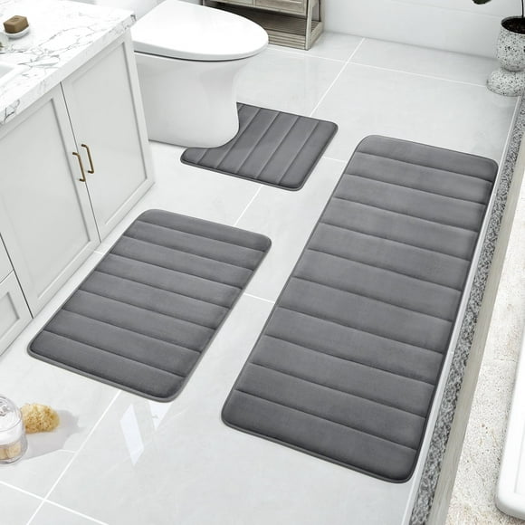 AIR-Dark Grey Memory Foam Rug Set 3 Piece Non Slip Extra Absorbent Shaggy Soft & Dry Bath Mat Sets for Bathroom Washable Carpets Set?20"x32" Plus24 x44 Plus U Shape 20"x24"?