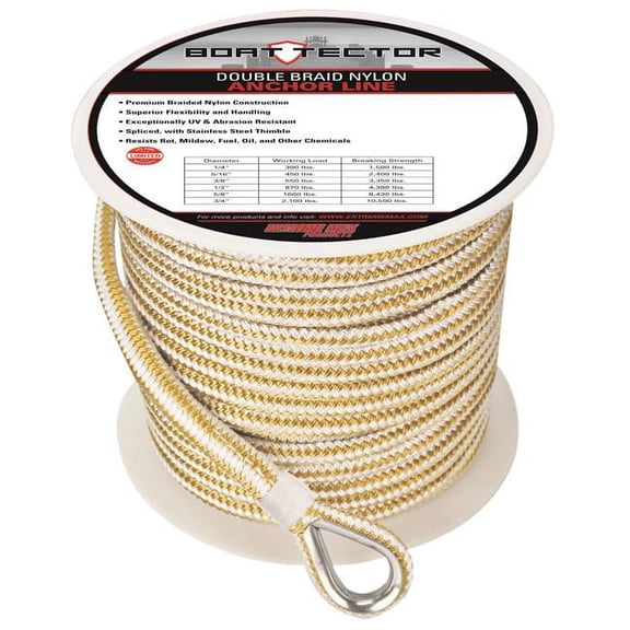 Extreme Max 1-2X200 W-G W-THIMBLE 0.5 in.x 200 ft. BoatTector Double Braid Nylon Anchor Line with Thimble