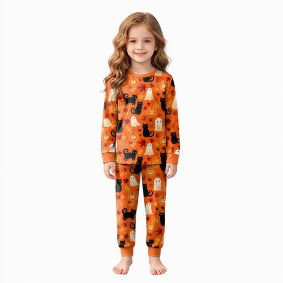 NOLDARES Toddler Baby Boy Girls Halloween Pajamas Set Kids Pumpkin Ghost Sleepwear 2 Pcs Pjs Cute Cartoon Print Long Sleeve Top and Pants(Orange,2-3 Y)