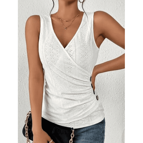 ZOELNIC Women's Wrap Ruched Tank Tops V-Neck Solid Button Design Slim Fit Casual Summer Tee Tops, S