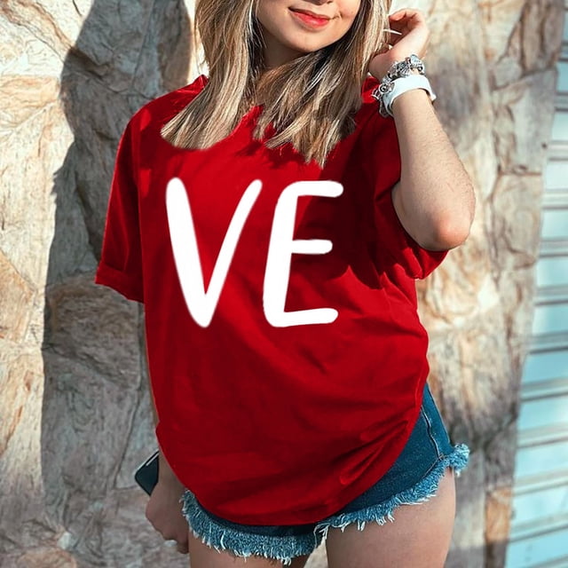 Hot Sale!! T-Shirts de la Saint-Valentin pour Femmes Imprimés Graphiques Mignons Léopard Cœur T-Shirts Décontractés Manches Courtes Col Rond Rouge + L